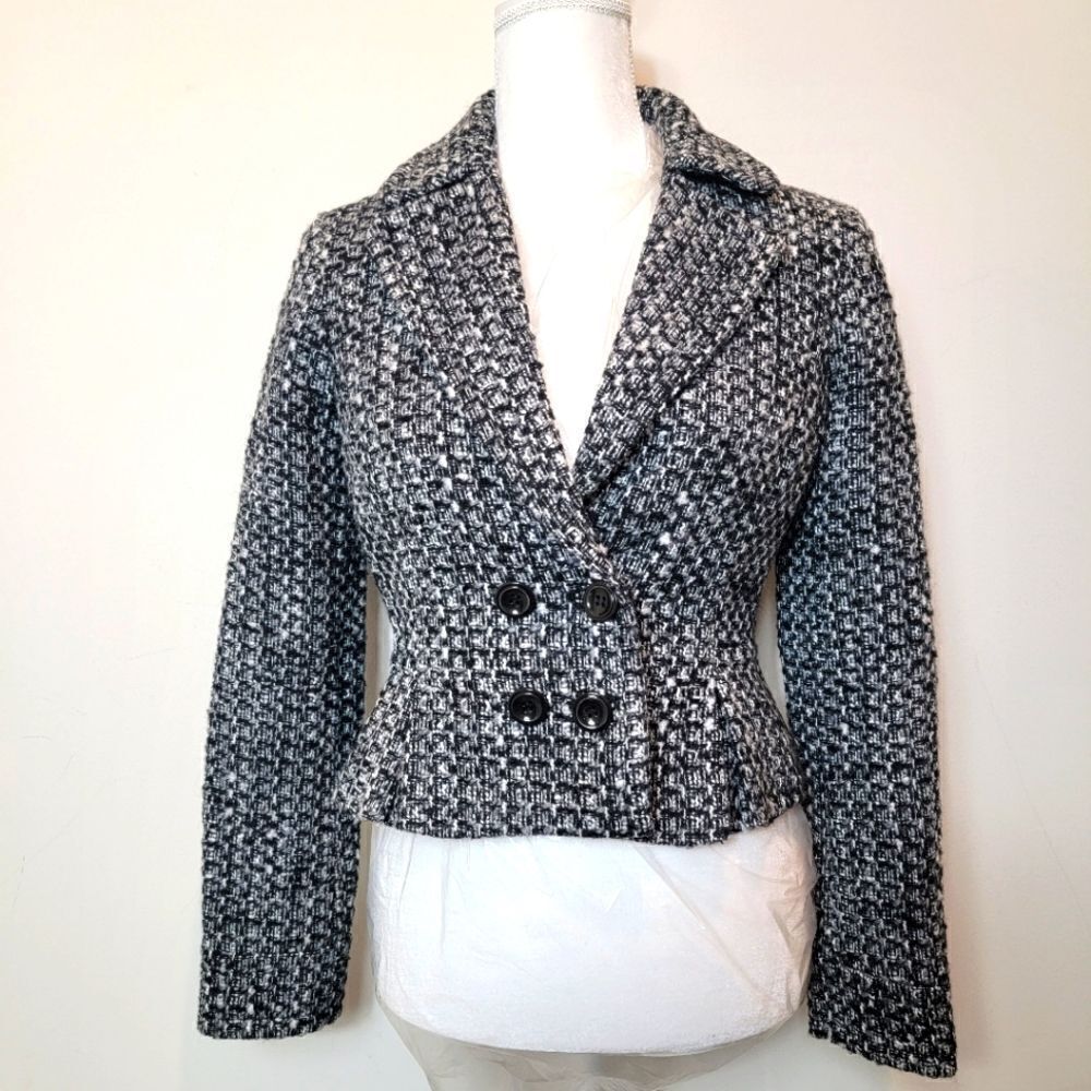 W by Worth Boucle Tweed Cropped Double Breast Blazer Black White Size 2